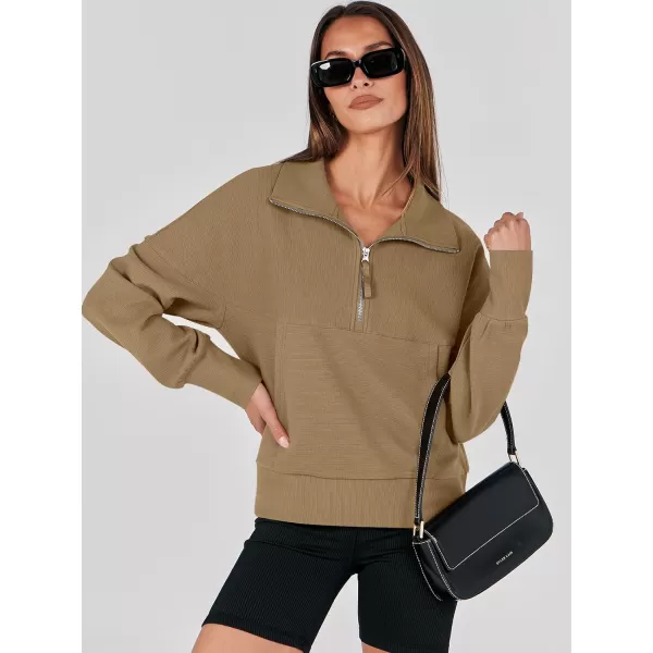 imageANRABESS Womens Half Zip Sweatshirt Cropped Pullover Casual Fleece Ribbed Knit Top 2023 Fall Fashion Sweater HoodiesKhaki