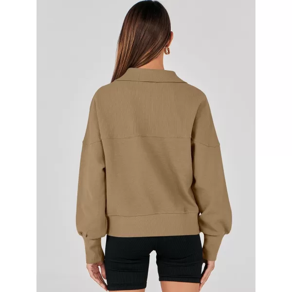 imageANRABESS Womens Half Zip Sweatshirt Cropped Pullover Casual Fleece Ribbed Knit Top 2023 Fall Fashion Sweater HoodiesKhaki