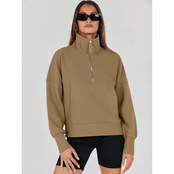 imageANRABESS Womens Half Zip Sweatshirt Cropped Pullover Casual Fleece Ribbed Knit Top 2023 Fall Fashion Sweater HoodiesKhaki