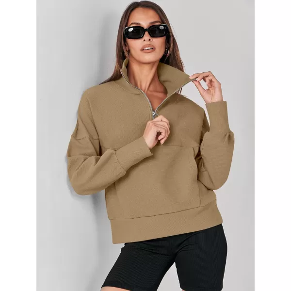 imageANRABESS Womens Half Zip Sweatshirt Cropped Pullover Casual Fleece Ribbed Knit Top 2023 Fall Fashion Sweater HoodiesKhaki