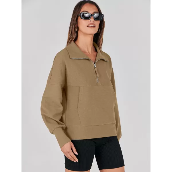 imageANRABESS Womens Half Zip Sweatshirt Cropped Pullover Casual Fleece Ribbed Knit Top 2023 Fall Fashion Sweater HoodiesKhaki