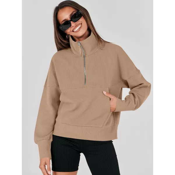 imageANRABESS Womens Half Zip Sweatshirt Cropped Pullover Casual Fleece Ribbed Knit Top 2023 Fall Fashion Sweater HoodiesLight Khaki