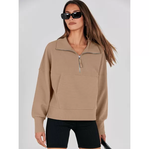 imageANRABESS Womens Half Zip Sweatshirt Cropped Pullover Casual Fleece Ribbed Knit Top 2023 Fall Fashion Sweater HoodiesLight Khaki