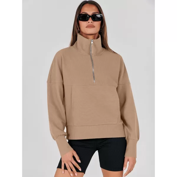 imageANRABESS Womens Half Zip Sweatshirt Cropped Pullover Casual Fleece Ribbed Knit Top 2023 Fall Fashion Sweater HoodiesLight Khaki