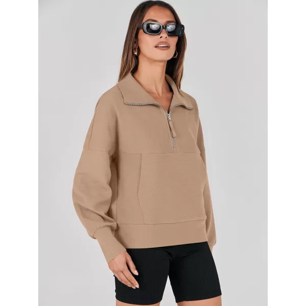 imageANRABESS Womens Half Zip Sweatshirt Cropped Pullover Casual Fleece Ribbed Knit Top 2023 Fall Fashion Sweater HoodiesLight Khaki