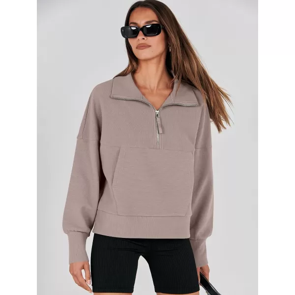 imageANRABESS Womens Half Zip Sweatshirt Cropped Pullover Casual Fleece Ribbed Knit Top 2023 Fall Fashion Sweater HoodiesRed Apricot