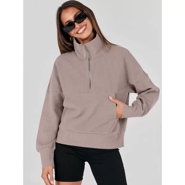 imageANRABESS Womens Half Zip Sweatshirt Cropped Pullover Casual Fleece Ribbed Knit Top 2023 Fall Fashion Sweater HoodiesRed Apricot