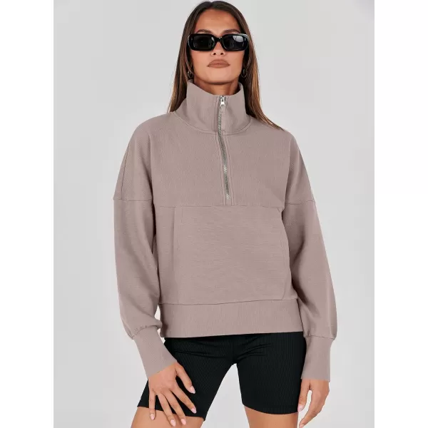 imageANRABESS Womens Half Zip Sweatshirt Cropped Pullover Casual Fleece Ribbed Knit Top 2023 Fall Fashion Sweater HoodiesRed Apricot