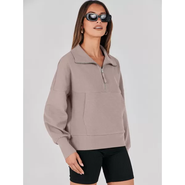 imageANRABESS Womens Half Zip Sweatshirt Cropped Pullover Casual Fleece Ribbed Knit Top 2023 Fall Fashion Sweater HoodiesRed Apricot