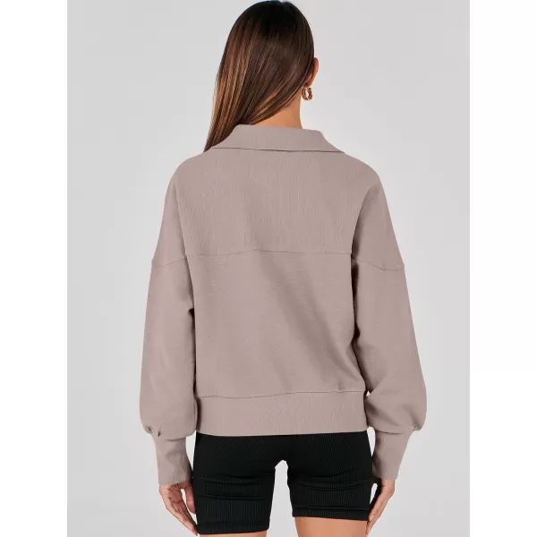 imageANRABESS Womens Half Zip Sweatshirt Cropped Pullover Casual Fleece Ribbed Knit Top 2023 Fall Fashion Sweater HoodiesRed Apricot
