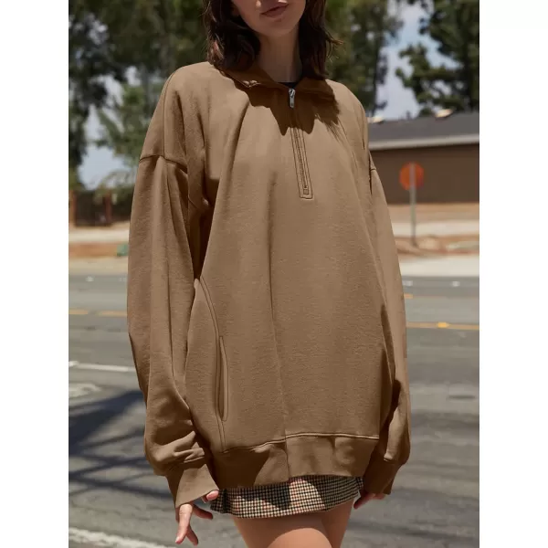 imageANRABESS Womens Half Zip Sweatshirt Oversized Long Sleeve Hoodies Chunky 2023 Trendy Winter Outfits Clothes with PocketsDark Brown