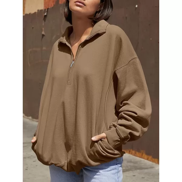 imageANRABESS Womens Half Zip Sweatshirt Oversized Long Sleeve Hoodies Chunky 2023 Trendy Winter Outfits Clothes with PocketsDark Brown