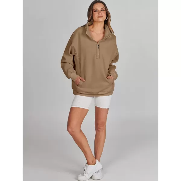 imageANRABESS Womens Half Zip Sweatshirt Oversized Long Sleeve Hoodies Chunky 2023 Trendy Winter Outfits Clothes with PocketsDark Brown