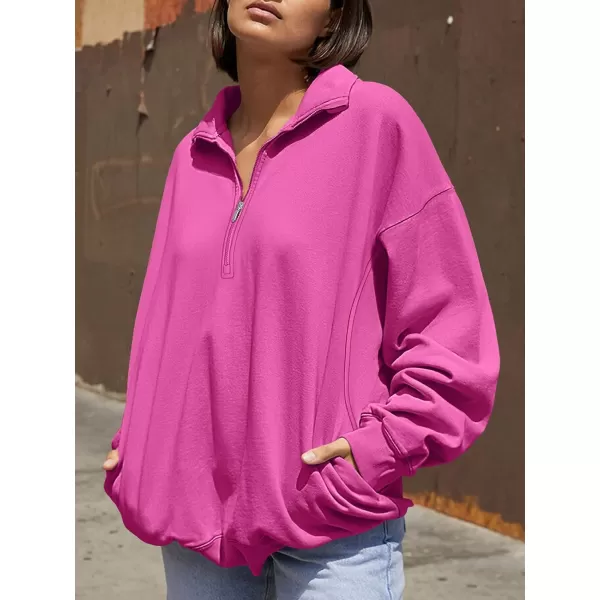 imageANRABESS Womens Half Zip Sweatshirt Oversized Long Sleeve Hoodies Chunky 2023 Trendy Winter Outfits Clothes with PocketsHot Pink