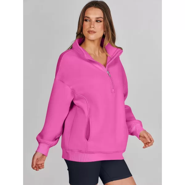 imageANRABESS Womens Half Zip Sweatshirt Oversized Long Sleeve Hoodies Chunky 2023 Trendy Winter Outfits Clothes with PocketsHot Pink