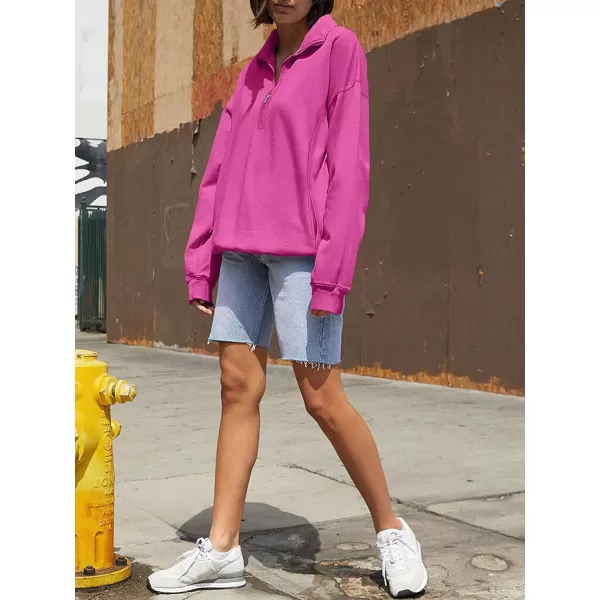 imageANRABESS Womens Half Zip Sweatshirt Oversized Long Sleeve Hoodies Chunky 2023 Trendy Winter Outfits Clothes with PocketsHot Pink