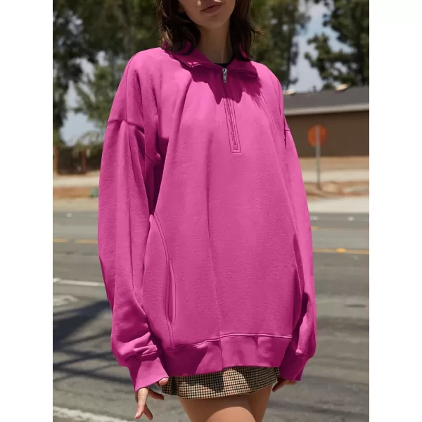 imageANRABESS Womens Half Zip Sweatshirt Oversized Long Sleeve Hoodies Chunky 2023 Trendy Winter Outfits Clothes with PocketsHot Pink