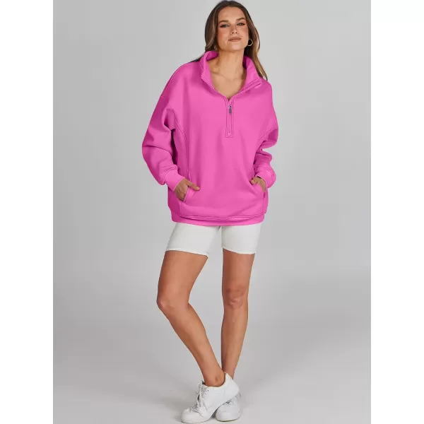 imageANRABESS Womens Half Zip Sweatshirt Oversized Long Sleeve Hoodies Chunky 2023 Trendy Winter Outfits Clothes with PocketsHot Pink
