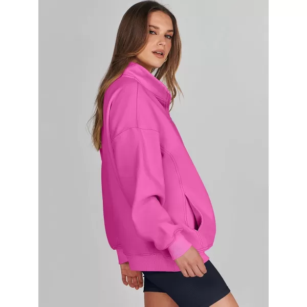 imageANRABESS Womens Half Zip Sweatshirt Oversized Long Sleeve Hoodies Chunky 2023 Trendy Winter Outfits Clothes with PocketsHot Pink