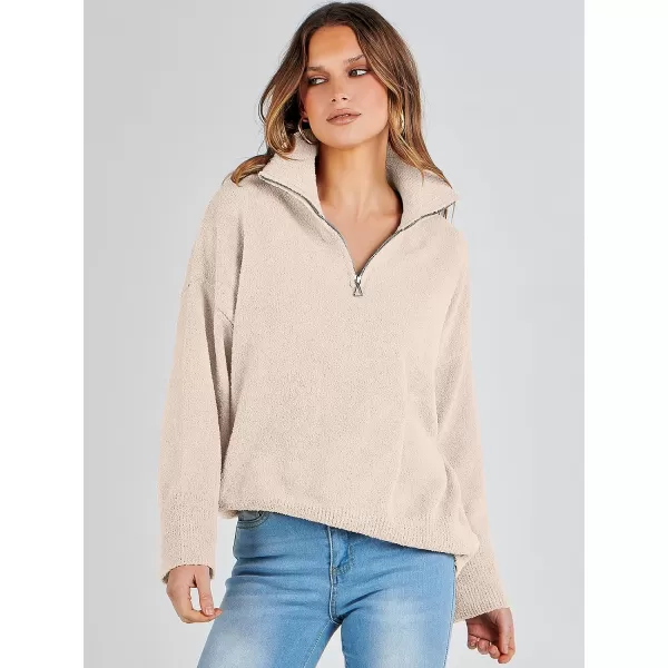 imageANRABESS Womens Half Zip V Neck Oversized Sweater Fall 2023 Fuzzy Knit Chunky Warm Pullover SweatersApricot