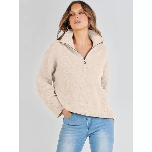 imageANRABESS Womens Half Zip V Neck Oversized Sweater Fall 2023 Fuzzy Knit Chunky Warm Pullover SweatersApricot