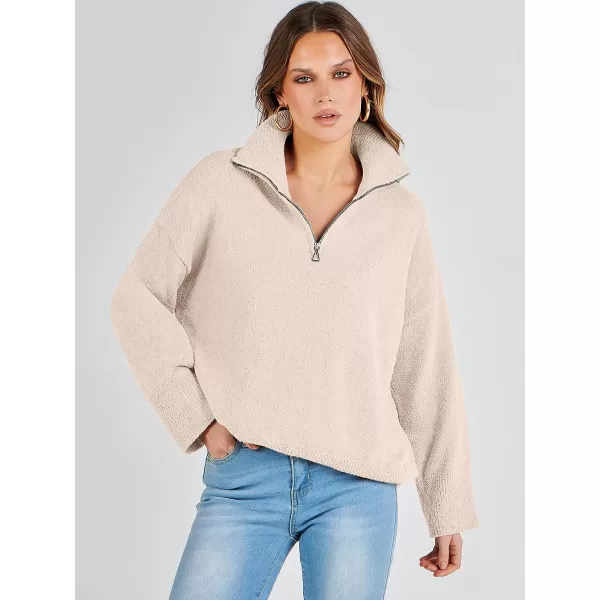 imageANRABESS Womens Half Zip V Neck Oversized Sweater Fall 2023 Fuzzy Knit Chunky Warm Pullover SweatersApricot