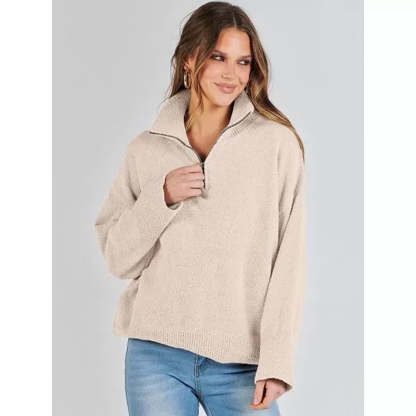 imageANRABESS Womens Half Zip V Neck Oversized Sweater Fall 2023 Fuzzy Knit Chunky Warm Pullover SweatersApricot