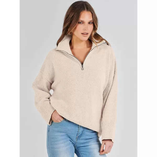 imageANRABESS Womens Half Zip V Neck Oversized Sweater Fall 2023 Fuzzy Knit Chunky Warm Pullover SweatersApricot