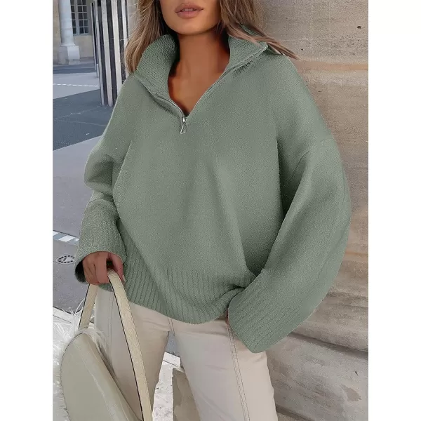 imageANRABESS Womens Half Zip V Neck Oversized Sweater Fall 2023 Fuzzy Knit Chunky Warm Pullover SweatersArmy Green