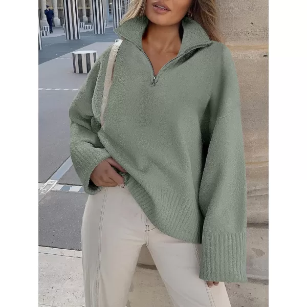 imageANRABESS Womens Half Zip V Neck Oversized Sweater Fall 2023 Fuzzy Knit Chunky Warm Pullover SweatersArmy Green