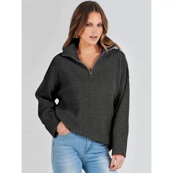 imageANRABESS Womens Half Zip V Neck Oversized Sweater Fall 2023 Fuzzy Knit Chunky Warm Pullover SweatersBlack