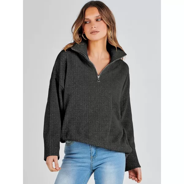 imageANRABESS Womens Half Zip V Neck Oversized Sweater Fall 2023 Fuzzy Knit Chunky Warm Pullover SweatersBlack