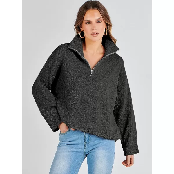 imageANRABESS Womens Half Zip V Neck Oversized Sweater Fall 2023 Fuzzy Knit Chunky Warm Pullover SweatersBlack