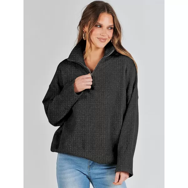 imageANRABESS Womens Half Zip V Neck Oversized Sweater Fall 2023 Fuzzy Knit Chunky Warm Pullover SweatersBlack
