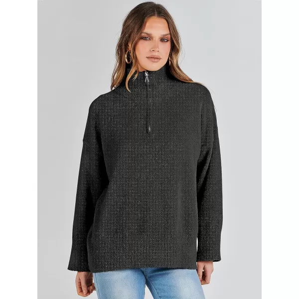 imageANRABESS Womens Half Zip V Neck Oversized Sweater Fall 2023 Fuzzy Knit Chunky Warm Pullover SweatersBlack