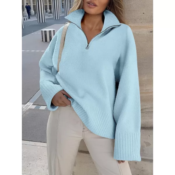 imageANRABESS Womens Half Zip V Neck Oversized Sweater Fall 2023 Fuzzy Knit Chunky Warm Pullover SweatersBlue