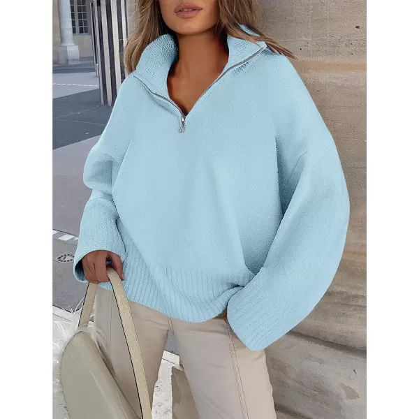 imageANRABESS Womens Half Zip V Neck Oversized Sweater Fall 2023 Fuzzy Knit Chunky Warm Pullover SweatersBlue