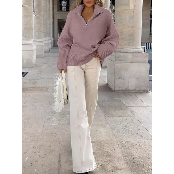 imageANRABESS Womens Half Zip V Neck Oversized Sweater Fall 2023 Fuzzy Knit Chunky Warm Pullover SweatersGray Purple