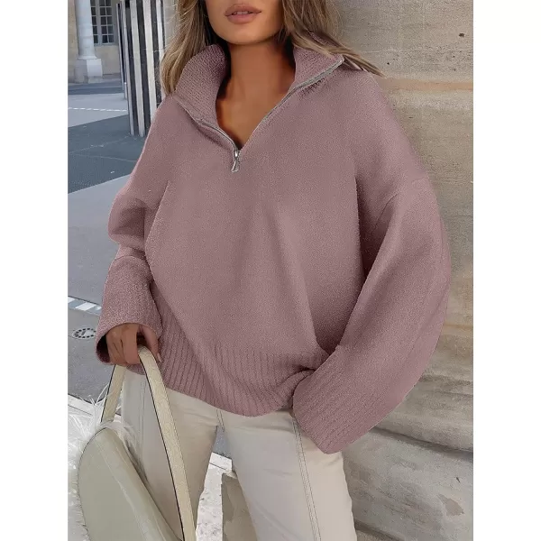 imageANRABESS Womens Half Zip V Neck Oversized Sweater Fall 2023 Fuzzy Knit Chunky Warm Pullover SweatersGray Purple