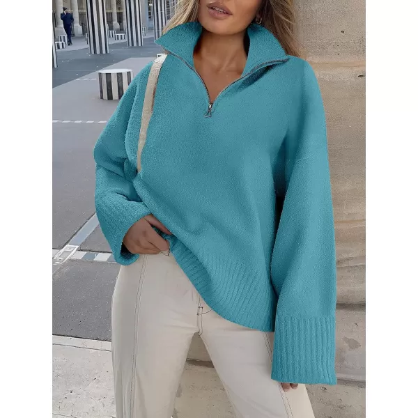 imageANRABESS Womens Half Zip V Neck Oversized Sweater Fall 2023 Fuzzy Knit Chunky Warm Pullover SweatersLake