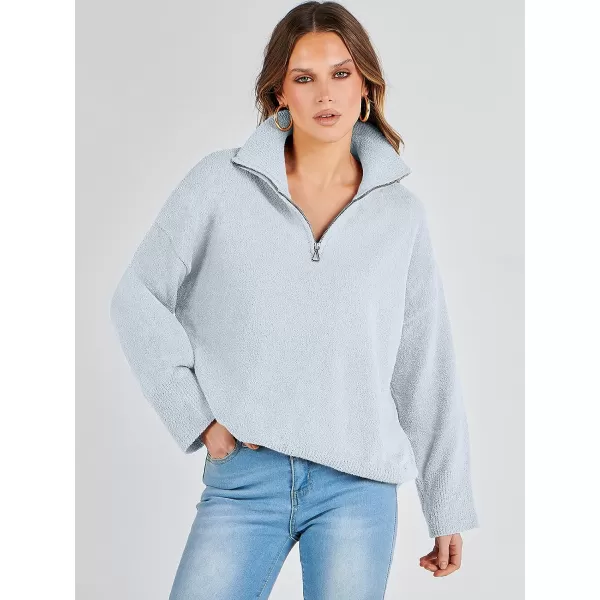 imageANRABESS Womens Half Zip V Neck Oversized Sweater Fall 2023 Fuzzy Knit Chunky Warm Pullover SweatersLight Blue