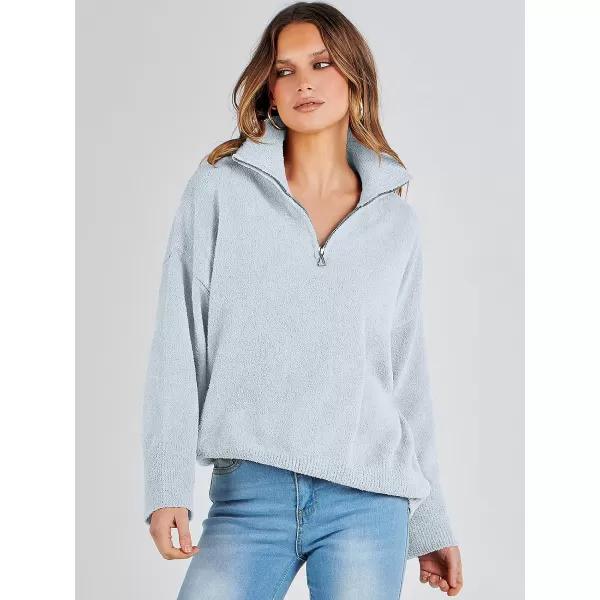 imageANRABESS Womens Half Zip V Neck Oversized Sweater Fall 2023 Fuzzy Knit Chunky Warm Pullover SweatersLight Blue