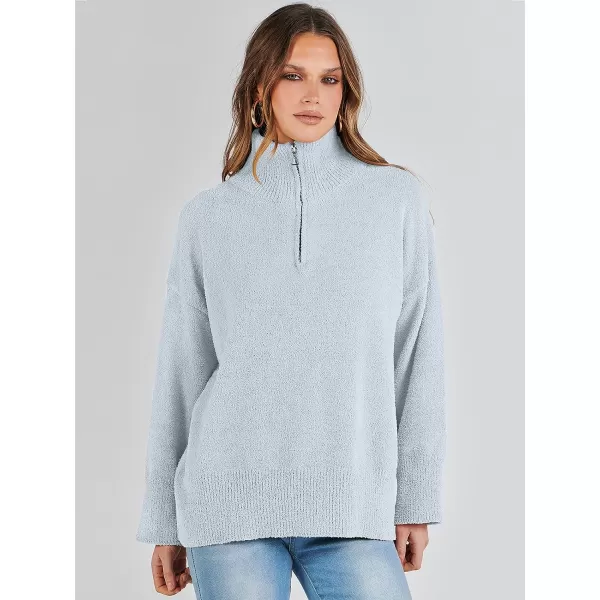 imageANRABESS Womens Half Zip V Neck Oversized Sweater Fall 2023 Fuzzy Knit Chunky Warm Pullover SweatersLight Blue