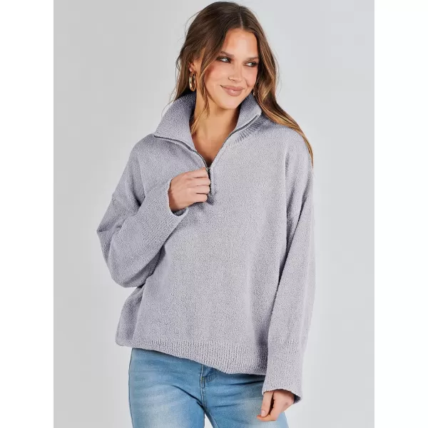 imageANRABESS Womens Half Zip V Neck Oversized Sweater Fall 2023 Fuzzy Knit Chunky Warm Pullover SweatersLight Gray