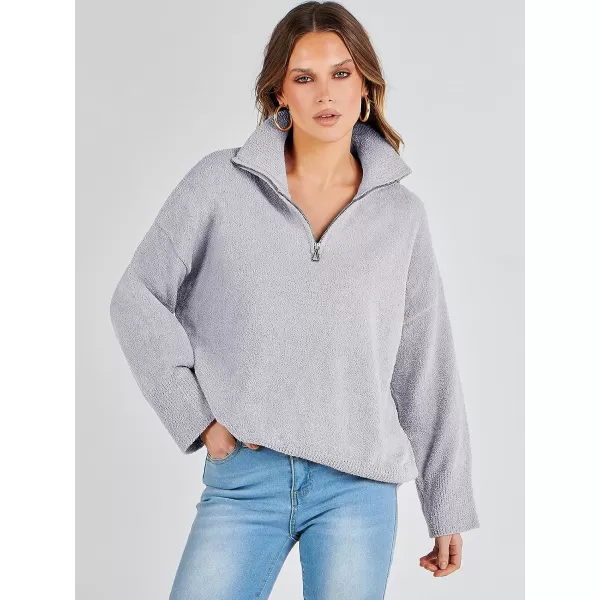 imageANRABESS Womens Half Zip V Neck Oversized Sweater Fall 2023 Fuzzy Knit Chunky Warm Pullover SweatersLight Gray