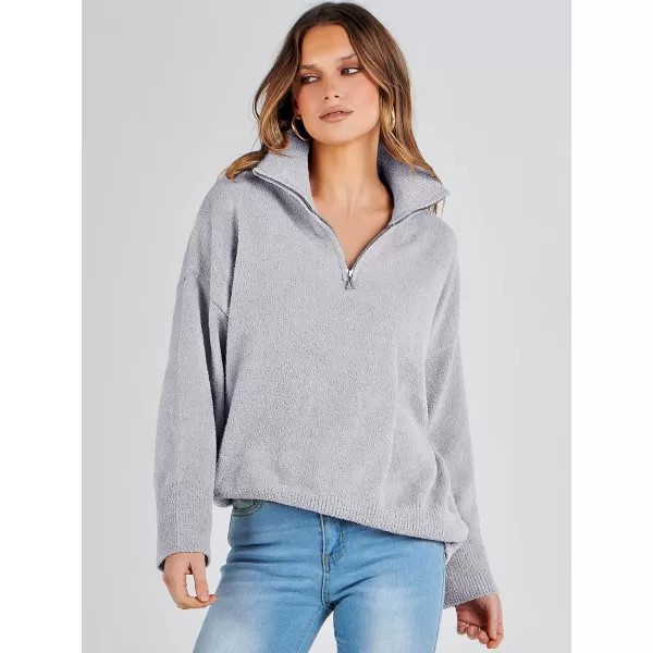imageANRABESS Womens Half Zip V Neck Oversized Sweater Fall 2023 Fuzzy Knit Chunky Warm Pullover SweatersLight Gray