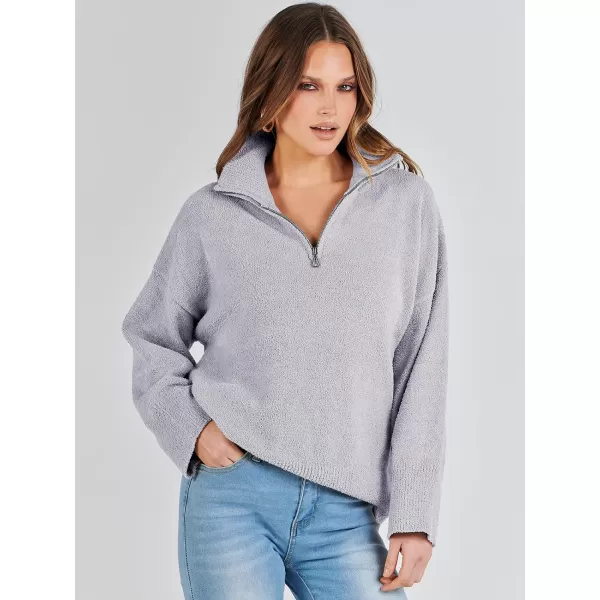 imageANRABESS Womens Half Zip V Neck Oversized Sweater Fall 2023 Fuzzy Knit Chunky Warm Pullover SweatersLight Gray