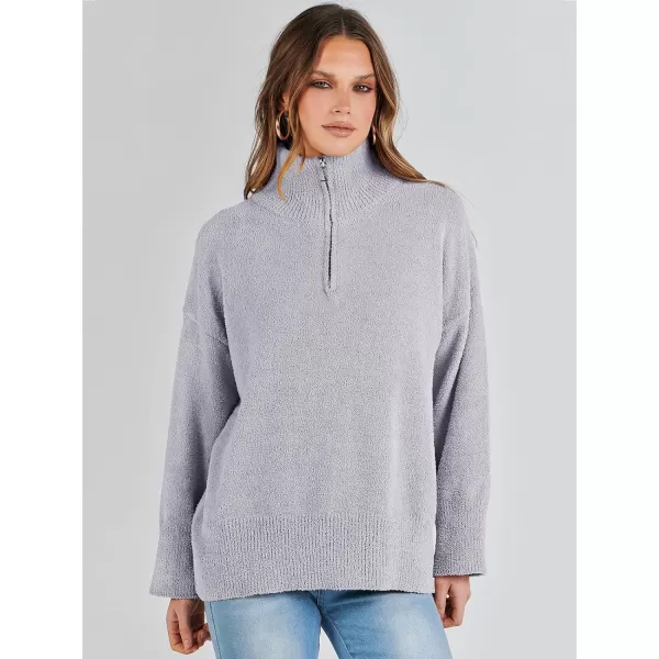 imageANRABESS Womens Half Zip V Neck Oversized Sweater Fall 2023 Fuzzy Knit Chunky Warm Pullover SweatersLight Gray