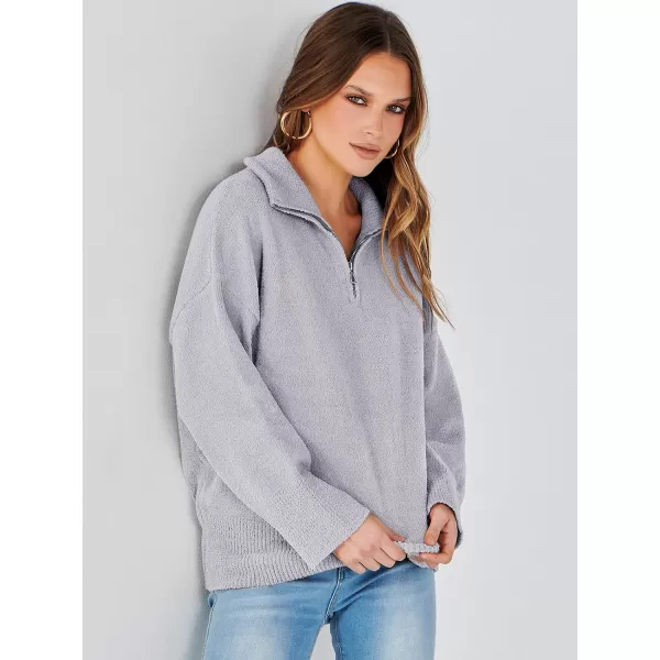 imageANRABESS Womens Half Zip V Neck Oversized Sweater Fall 2023 Fuzzy Knit Chunky Warm Pullover SweatersLight Gray