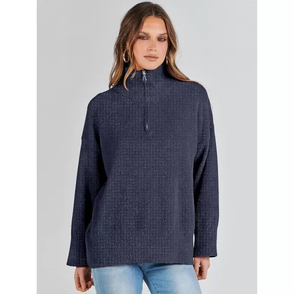 imageANRABESS Womens Half Zip V Neck Oversized Sweater Fall 2023 Fuzzy Knit Chunky Warm Pullover SweatersNavy Blue